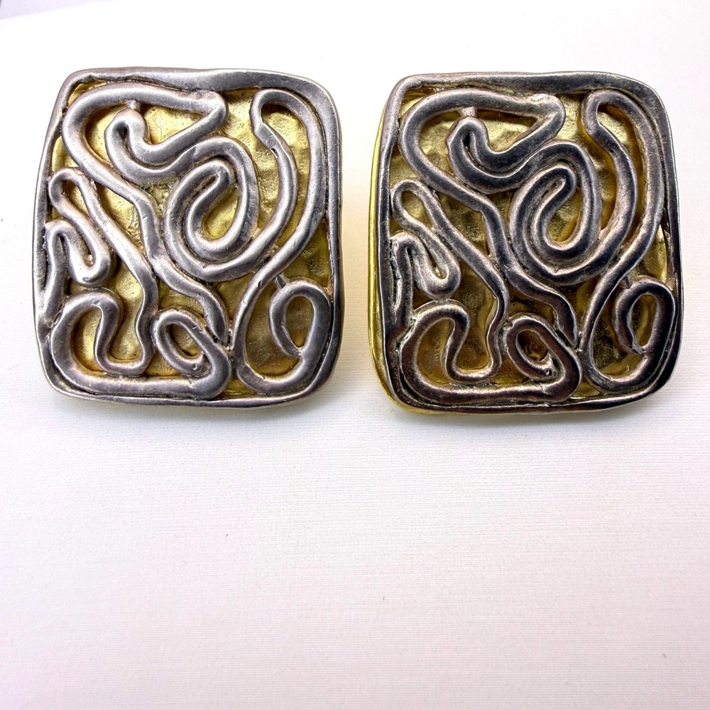 Norma Jean Vintage Two Tone Swirl Statement Clip On Earrings Gold‎ Silver Tone